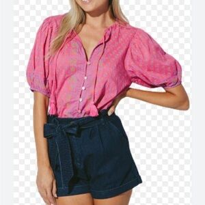 Cleobella Amari Blouse Ditzy Mix Block Print Pink Organic Cotton Balloon Sleeve